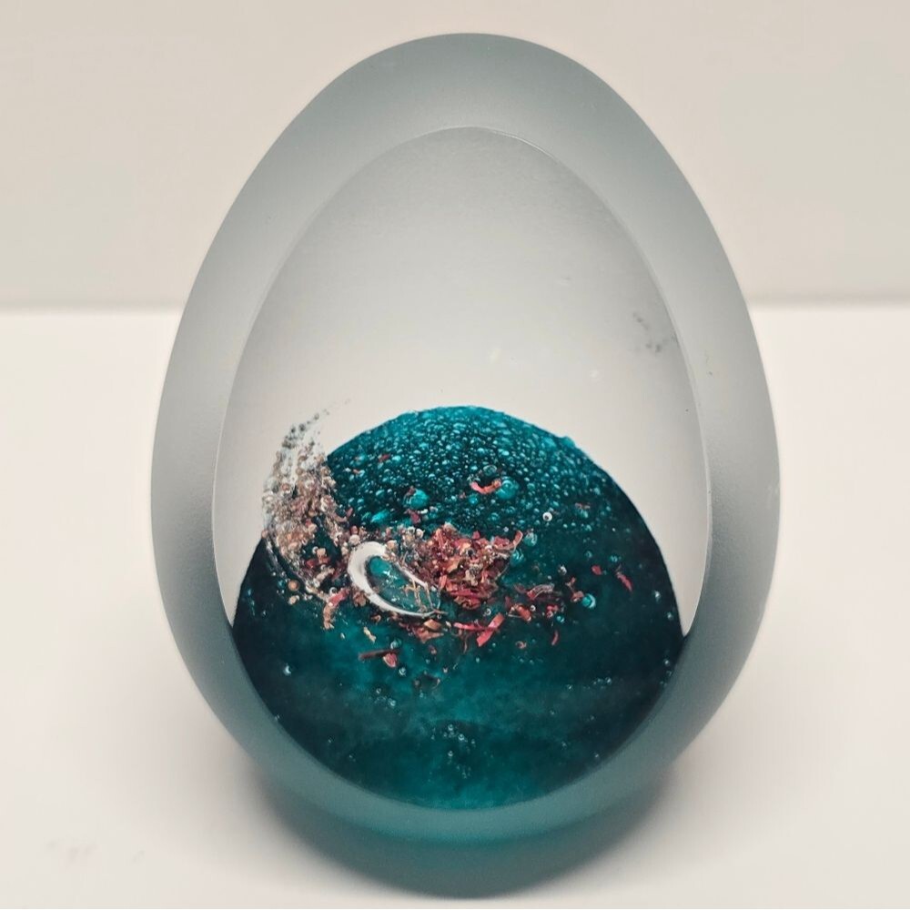 Leixus Clius Topol France Teal Frosted Art Glass Egg Shaped Paperweight No 17